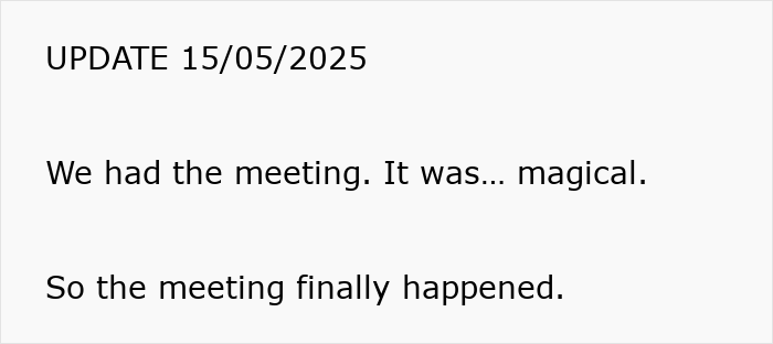 Text update on a screen dated 15/05/2025 about a worker starting a new project despite being fired, agreeing without intent to do it. Text update on a screen dated 15/05/2025 about a worker starting a new project despite being fired, agreeing without intent to do it.