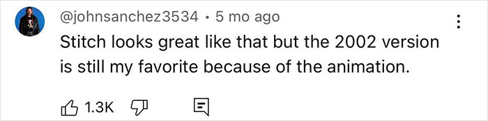 Screenshot of a social media comment praising Stitch’s look compared to the 2002 animated version in Lilo & Stitch live-action. Screenshot of a social media comment praising Stitch’s look compared to the 2002 animated version in Lilo & Stitch live-action.