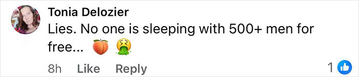 Comment on social media denying 500+ men stunt, featuring emojis, with profile picture of a woman named Tonia Delozier. Comment on social media denying 500+ men stunt, featuring emojis, with profile picture of a woman named Tonia Delozier.