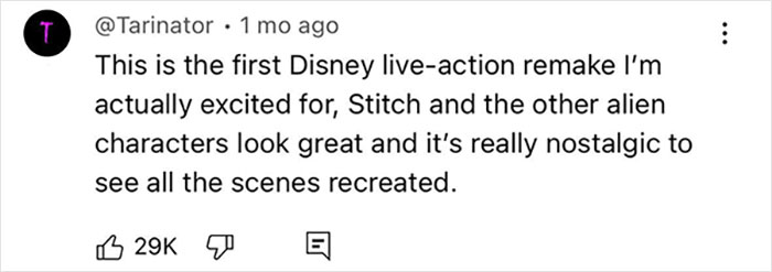 Social media comment praising the look of Stitch and alien characters in Disney’s Lilo & Stitch live-action remake. Social media comment praising the look of Stitch and alien characters in Disney’s Lilo & Stitch live-action remake.
