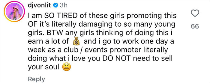 Screenshot of a social media comment discussing concerns about girls promoting OnlyFans and work as a club events promoter. Screenshot of a social media comment discussing concerns about girls promoting OnlyFans and work as a club events promoter.
