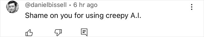 Screenshot of a social media comment criticizing the use of creepy AI related to Disney fans outraged over character changes. Screenshot of a social media comment criticizing the use of creepy AI related to Disney fans outraged over character changes.