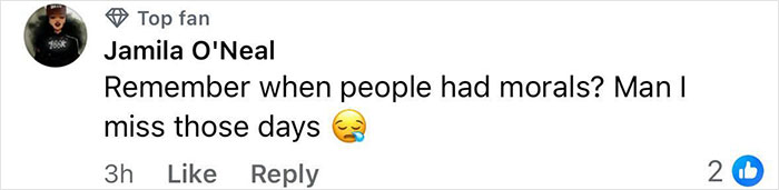 Screenshot of a social media comment by Jamila O'Neal expressing nostalgia for when people had morals, with a sad emoji. Screenshot of a social media comment by Jamila O'Neal expressing nostalgia for when people had morals, with a sad emoji.