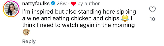 Instagram comment from Big Brother star Natty Faulks, sharing a casual moment with wine, chicken, and chips. Instagram comment from Big Brother star Natty Faulks, sharing a casual moment with wine, chicken, and chips.