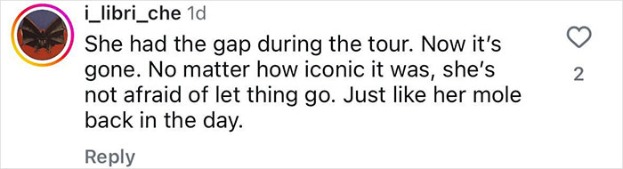 Instagram comment about Madonna fans noticing her famous facial gap missing, reflecting on changes in her appearance. Instagram comment about Madonna fans noticing her famous facial gap missing, reflecting on changes in her appearance.