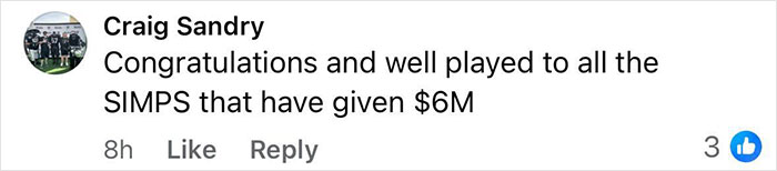 Comment by Craig Sandry congratulating SIMPS for raising 6 million dollars displayed on a social media post. Comment by Craig Sandry congratulating SIMPS for raising 6 million dollars displayed on a social media post.