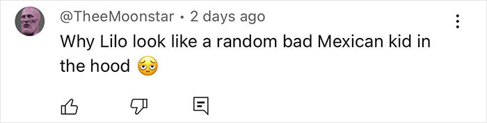 Social media comment expressing Disney fans' outrage over changes to Lilo's character look in live-action Lilo & Stitch. Social media comment expressing Disney fans' outrage over changes to Lilo's character look in live-action Lilo & Stitch.