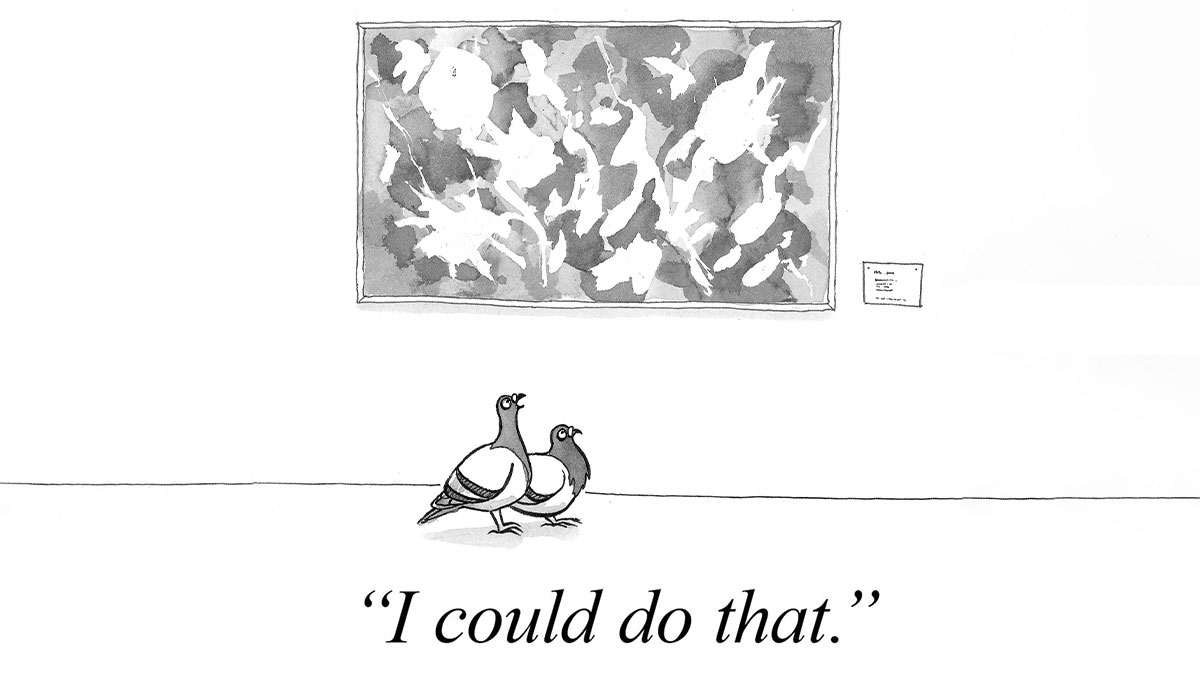 Two pigeons in an art gallery viewing abstract art, humorous comic from animals taking over human world series.