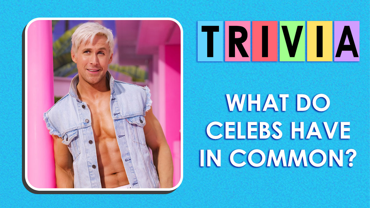 Man with blonde hair and denim vest posing by pink pillars next to trivia text about unlikely celebrity pairs and celebrity ties.