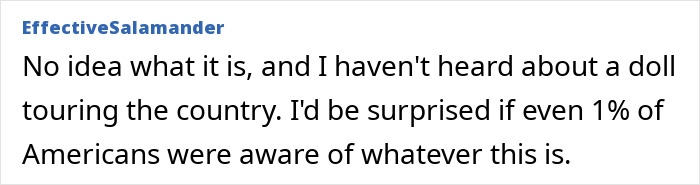 Comment text displayed on a white background about the haunted Annabelle doll's chilling history during its US tour.