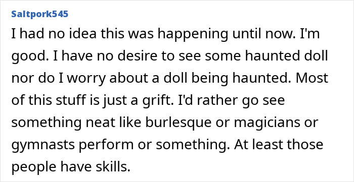 User comment expressing skepticism about haunted dolls, preferring live performances over the haunted Annabelle doll's chilling history.