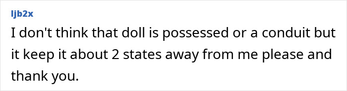Text message discussing the haunted Annabelle doll and expressing concern about its proximity and chilling history.