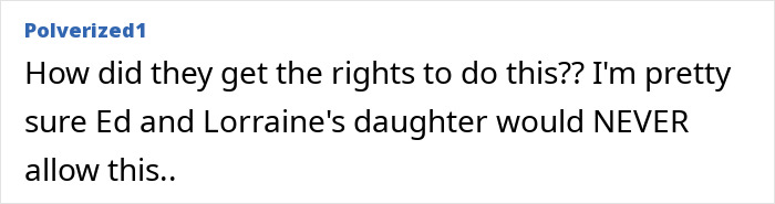 Comment text on a white background about rights and Ed and Lorraine's daughter, relating to the haunted Annabelle doll's chilling history.