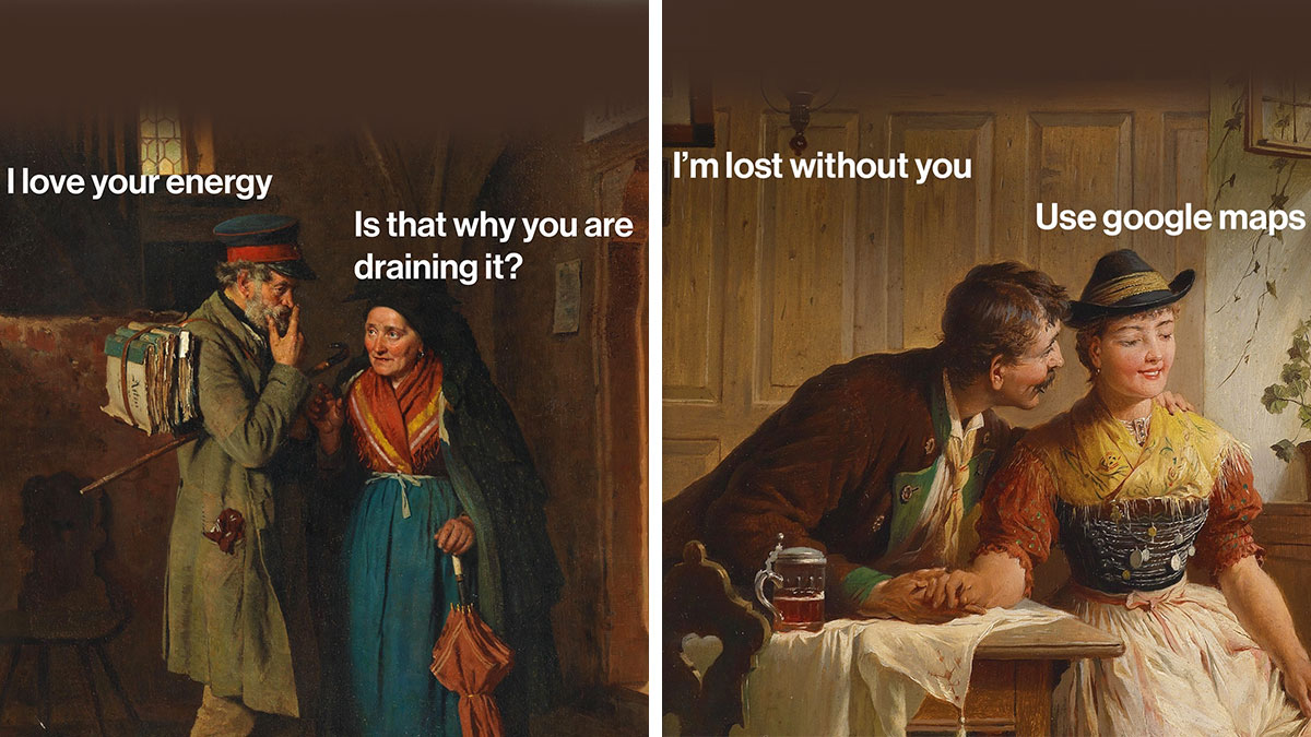 Two classical art scenes humorously altered with modern dialogue blending classical art with modern humor.