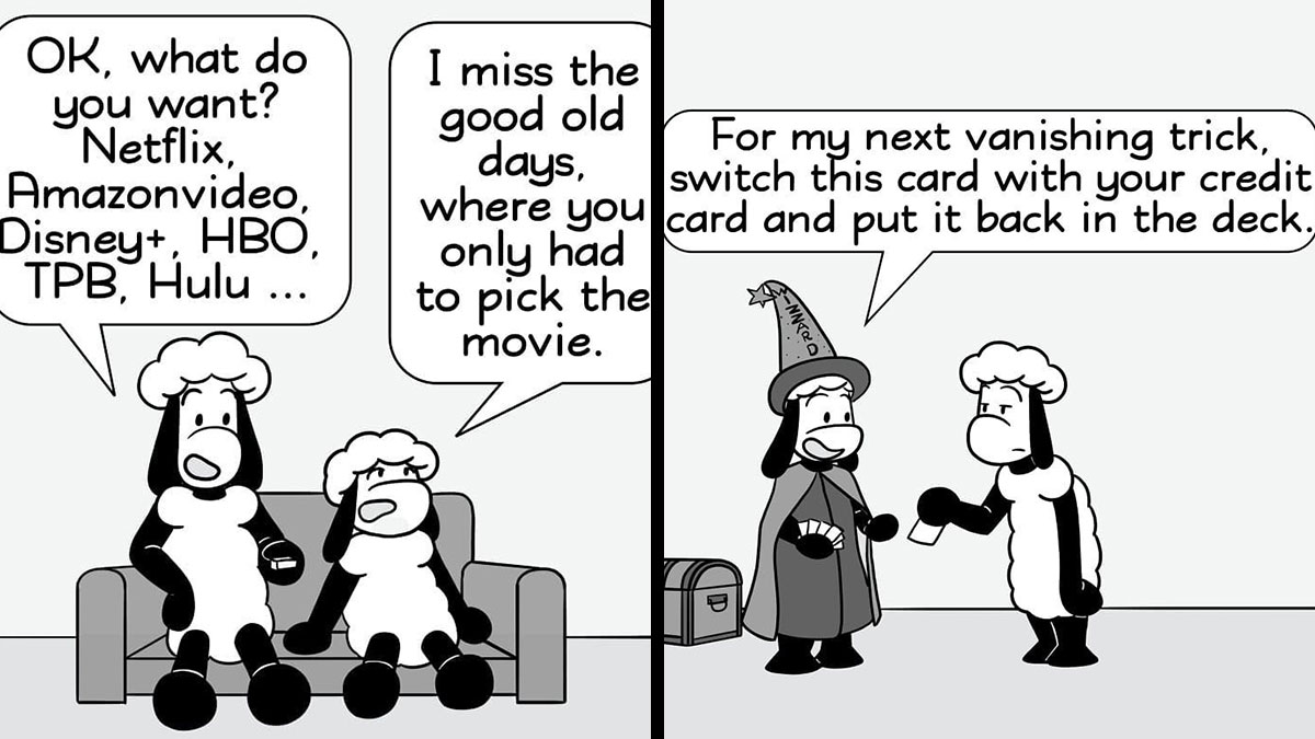 Two comics by Kowo featuring wacky sheep with dry humor discussing movies and a magic card trick.
