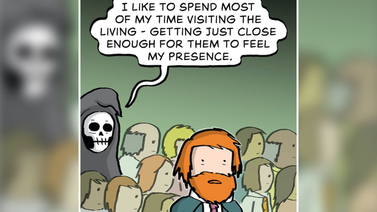 Darkly twisted comic by Dave Contra showing a grim reaper talking about visiting the living in a crowded scene.