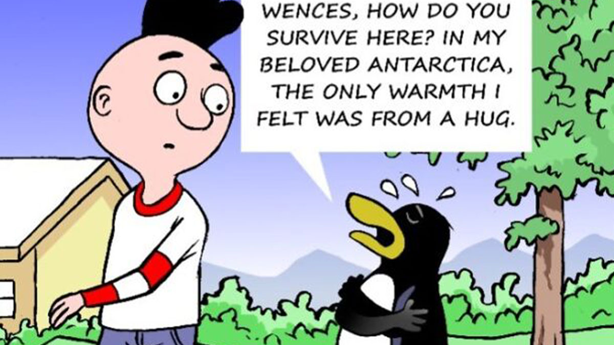 Comic panel showing a kid and a penguin talking humorously about warmth and survival in a kids humorous comics style.