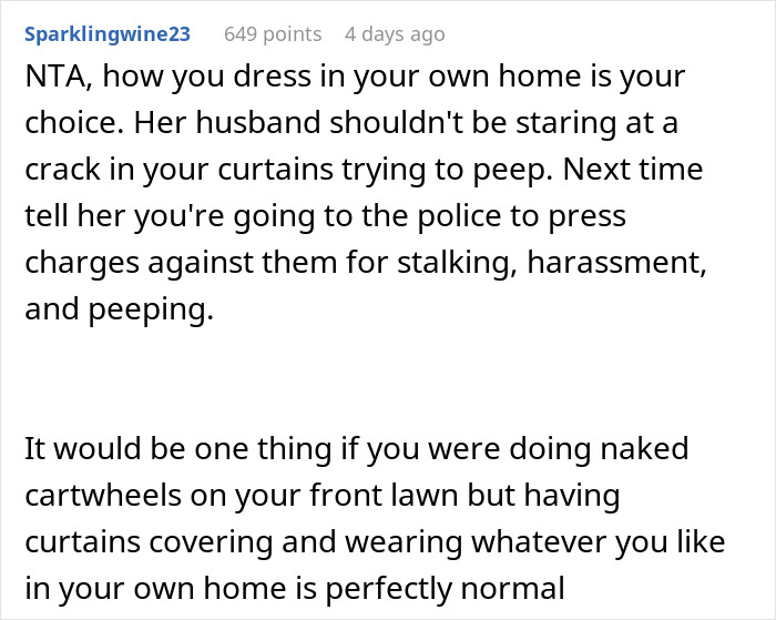 Alt text: Online comment about neighbor complaints regarding woman's outfit and her husband staring at her in their home.