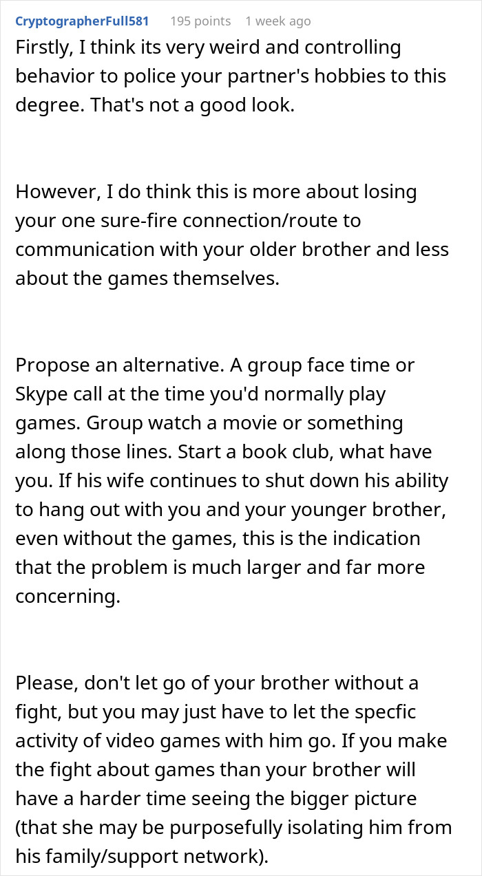 Comment discussing the impact of a woman ending fiancé's gaming on sibling relationships and communication. Comment discussing the impact of a woman ending fiancé's gaming on sibling relationships and communication.