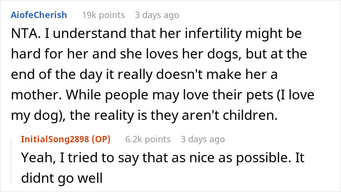 Reddit discussion about a dog mom demanding equal treatment with moms with kids after being skipped by MIL for Mother’s Day gifts. Reddit discussion about a dog mom demanding equal treatment with moms with kids after being skipped by MIL for Mother’s Day gifts.