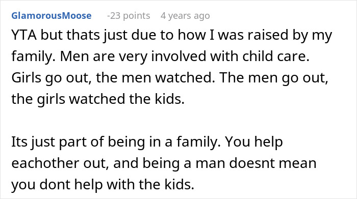 Comment explaining men’s involvement in child care while watching kids during a family trip scenario.