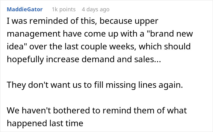 Screenshot of a social media post discussing management instructing staff not to fill empty shelves affecting sales. Screenshot of a social media post discussing management instructing staff not to fill empty shelves affecting sales.