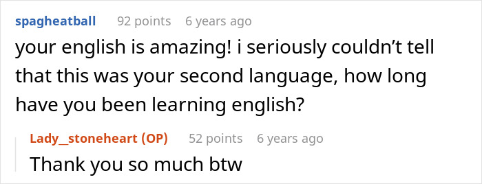 Screenshot of an online comment praising English skills, with a reply expressing gratitude below the original comment.