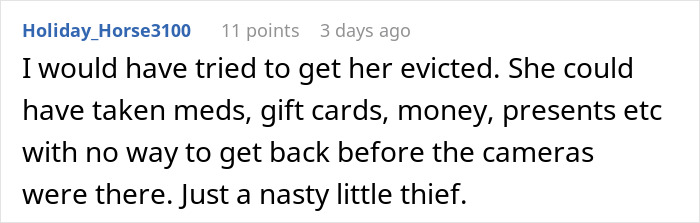 Online comment describing a neighbor caught stealing packages, calling them a nasty little thief in a petty dispute. Online comment describing a neighbor caught stealing packages, calling them a nasty little thief in a petty dispute.