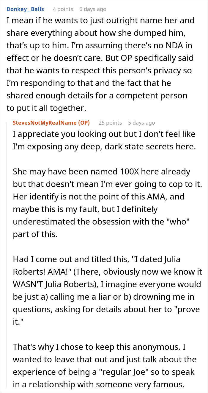 Conversation between two users discussing the experience of dating a famous actress anonymously and respecting her privacy.