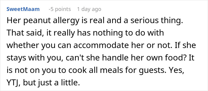 Comment discussing a highly sensitive sister-in-law balking after her high demands for accommodations get shut down. Comment discussing a highly sensitive sister-in-law balking after her high demands for accommodations get shut down.
