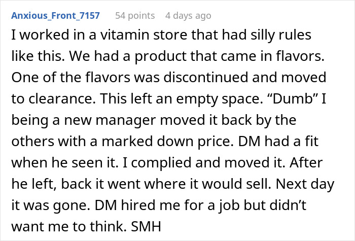 Alt text: Manager told staff not to fill empty shelves, leading to confusion about why products were not selling in the store. Alt text: Manager told staff not to fill empty shelves, leading to confusion about why products were not selling in the store.