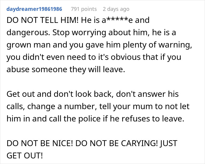 Comment excerpt warning about jobless partner’s anger and toxic spending habits urging immediate exit and no contact. Comment excerpt warning about jobless partner’s anger and toxic spending habits urging immediate exit and no contact.
