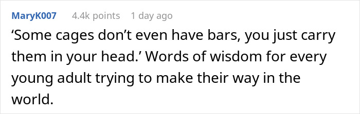 Screenshot of a Reddit comment about wisdom for young adults, related to a helicopter mom calling son's boss situation. Screenshot of a Reddit comment about wisdom for young adults, related to a helicopter mom calling son's boss situation.