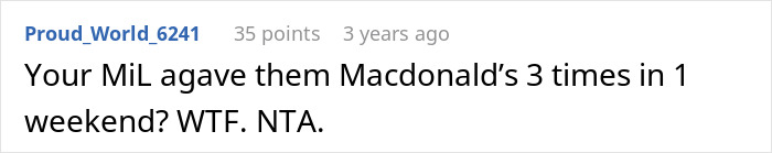 Comment about MIL feeding kids McDonald's multiple times in a weekend, highlighting concerns over fast food and childcare. Comment about MIL feeding kids McDonald's multiple times in a weekend, highlighting concerns over fast food and childcare.