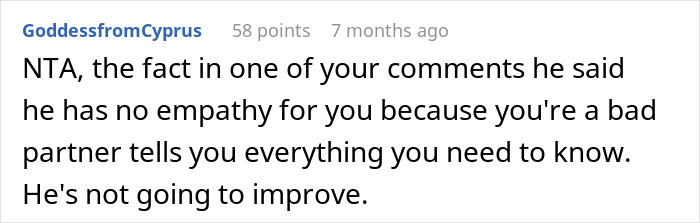 Comment on Reddit discussing lack of empathy in a relationship and emotional neglect themes. Comment on Reddit discussing lack of empathy in a relationship and emotional neglect themes.