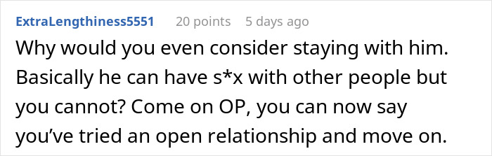 Screenshot of a comment discussing hypocrisy in an open relationship where the guy sleeps around but gets upset when his girlfriend does. Screenshot of a comment discussing hypocrisy in an open relationship where the guy sleeps around but gets upset when his girlfriend does.