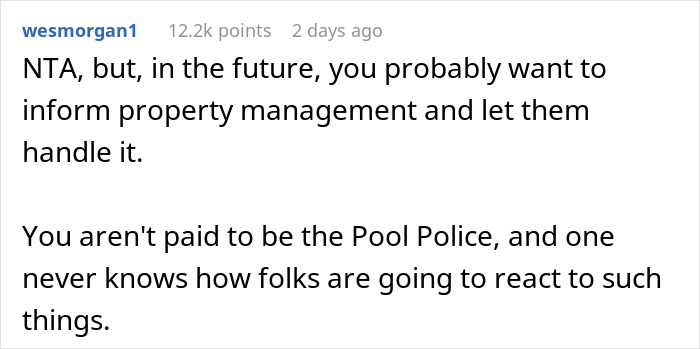 Screenshot of a forum comment advising to inform property management and avoid being condo pool police enforcing non-resident rules.