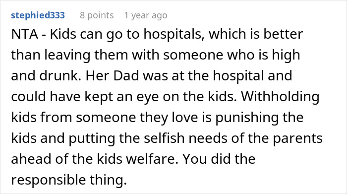 Reddit comment discussing refusal to watch kids during emergency due to being under the influence, sister is furious reaction. Reddit comment discussing refusal to watch kids during emergency due to being under the influence, sister is furious reaction.