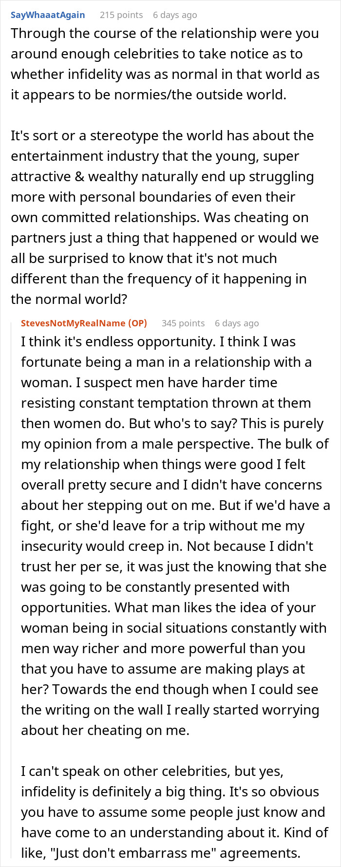 Man shares insights on dating a famous actress, discussing infidelity and challenges in celebrity relationships.