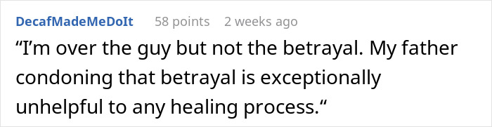 Comment text about betrayal and family urging forgiveness, discussing cousin’s affair with her ex and related family dynamics.