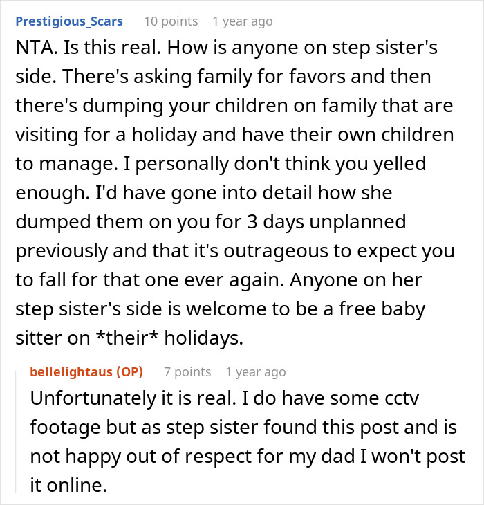 Screenshot of a Reddit discussion about a woman refusing to babysit her step sister’s kids during a holiday causing family drama. Screenshot of a Reddit discussion about a woman refusing to babysit her step sister’s kids during a holiday causing family drama.