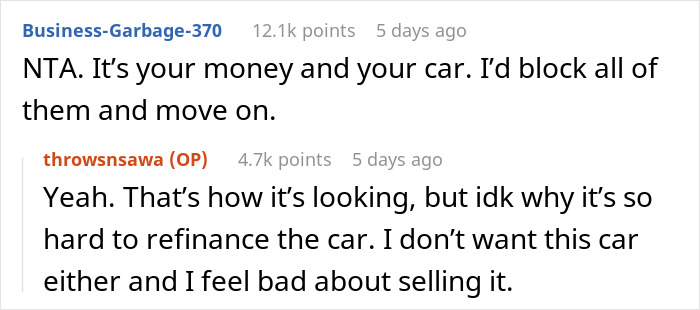Screenshot of a Reddit thread discussing a woman refusing to give up life insurance and asking ex’s family to refinance a car. Screenshot of a Reddit thread discussing a woman refusing to give up life insurance and asking ex’s family to refinance a car.