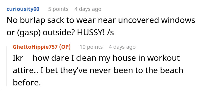 Online comment discussing neighbor complaints about a woman’s outfit and a husband staring at her.