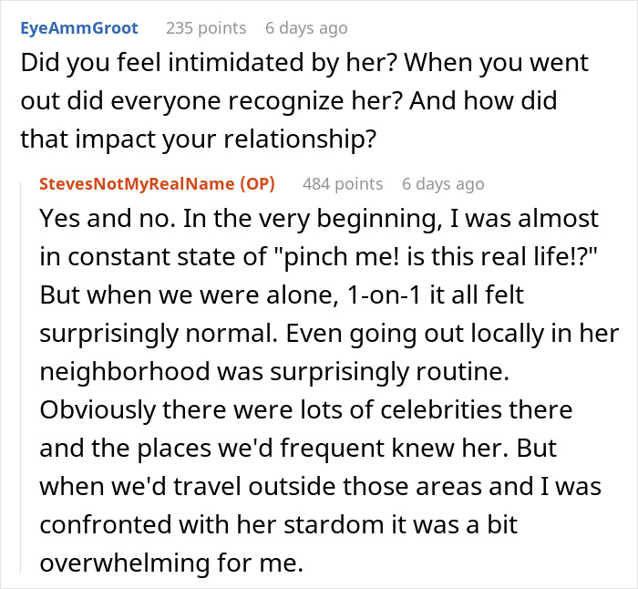 Reddit user discusses dating a famous actress, describing the mix of normalcy and challenges with her stardom in daily life.