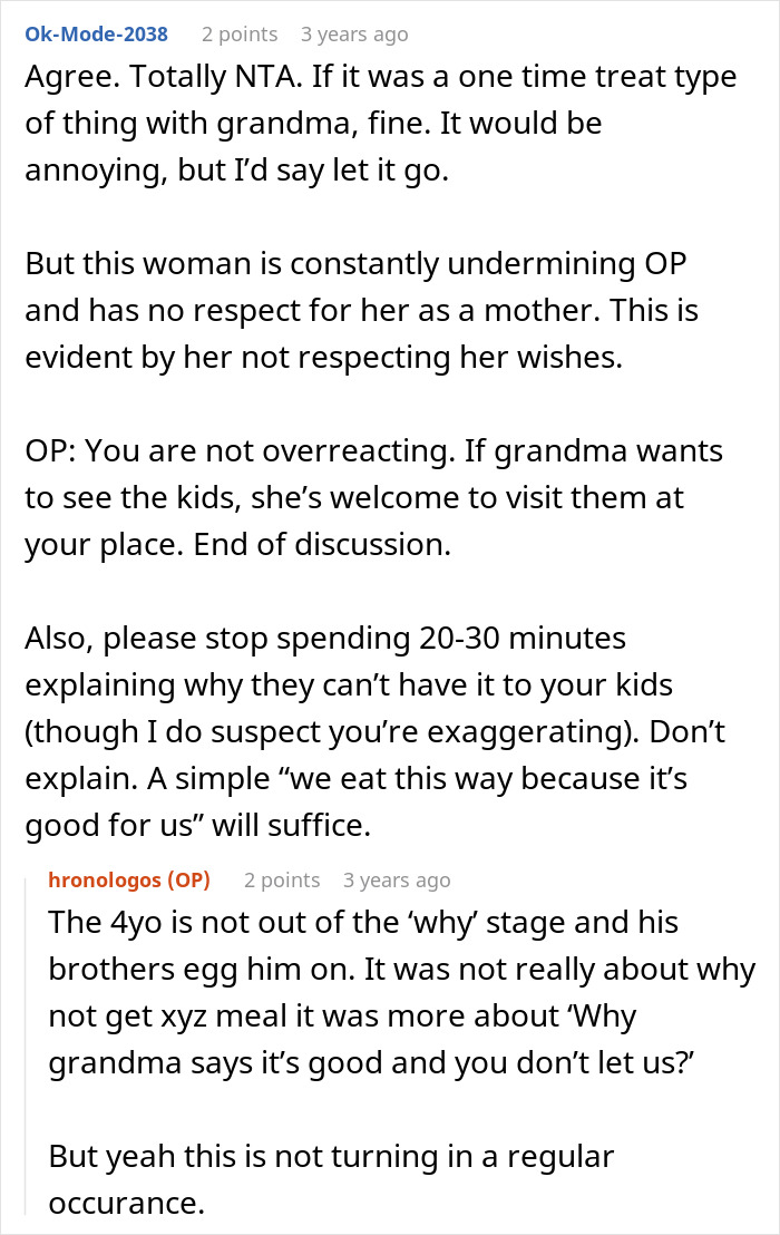 Screenshot of an online discussion about a mom refusing to leave kids with MIL due to fast food feeding issues. Screenshot of an online discussion about a mom refusing to leave kids with MIL due to fast food feeding issues.