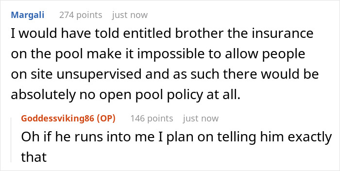 Comments discussing neighbors sending their relatives to use a private pool without owner's consent. Comments discussing neighbors sending their relatives to use a private pool without owner's consent.