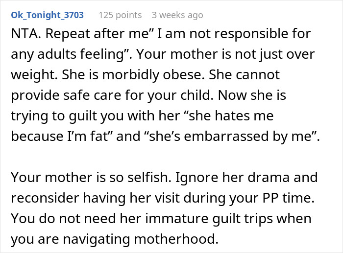 Comment discussing a woman refusing obese mom to babysit newborn and facing fat shaming accusations online. Comment discussing a woman refusing obese mom to babysit newborn and facing fat shaming accusations online.