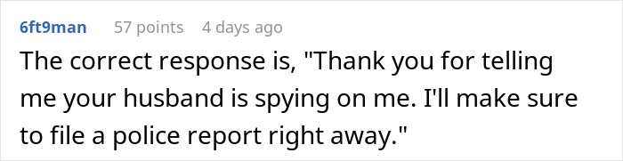 Comment text on a forum about a neighbor complaining over a woman’s outfit because her husband keeps staring at her. Comment text on a forum about a neighbor complaining over a woman’s outfit because her husband keeps staring at her.