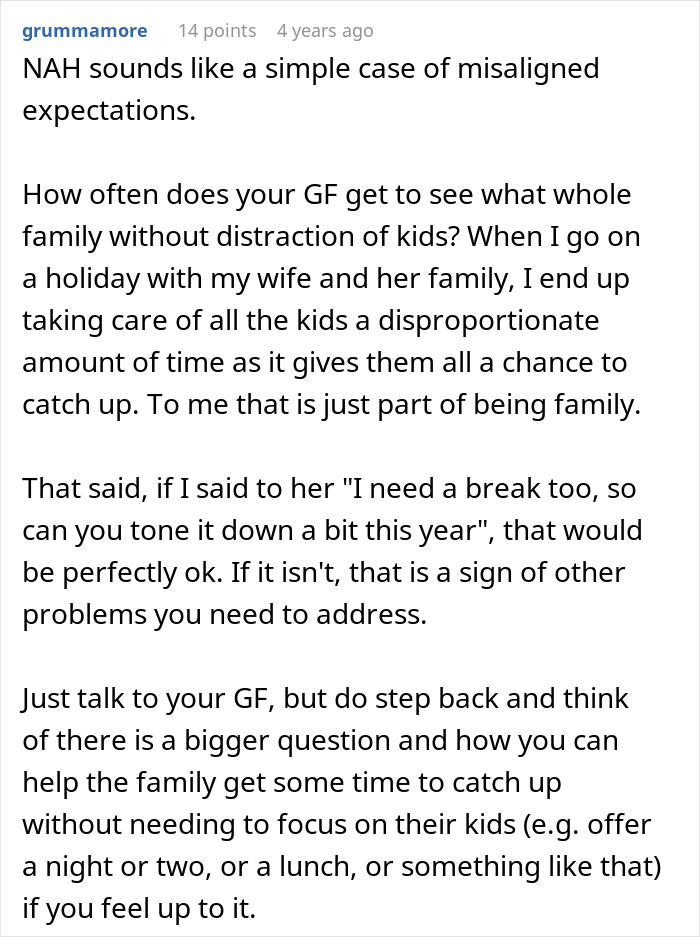 Reddit comment discussing misaligned expectations of watching kids during a trip with girlfriend’s family. Reddit comment discussing misaligned expectations of watching kids during a trip with girlfriend’s family.