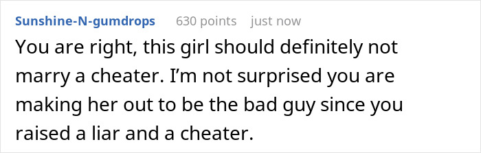 Comment about wedding drama after groom fails fiancée's loyalty test and his parent refuses to fund them in online discussion. Comment about wedding drama after groom fails fiancée's loyalty test and his parent refuses to fund them in online discussion.
